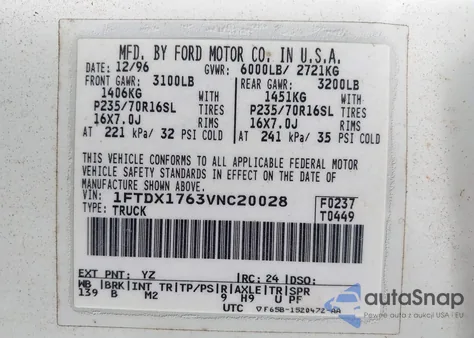 1997 Ford F-150 Lariat/Standard/Xl/Xlt z USA, uszkodzony, nr VIN 1FTDX1763VNC20028